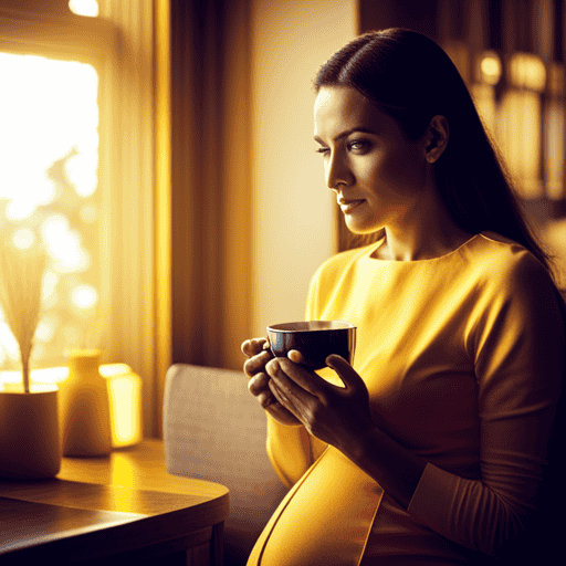 An image showcasing a serene pregnant woman enjoying a warm cup of turmeric tea, surrounded by vibrant yellow hues