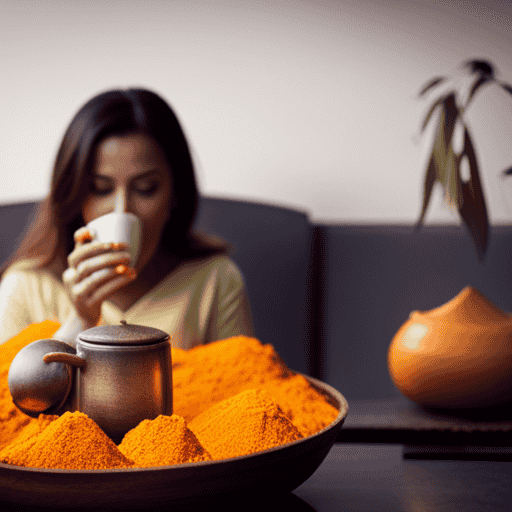 An image featuring a serene pregnant woman enjoying a warm cup of turmeric tea, surrounded by a vibrant array of fresh turmeric roots and blooming flowers, symbolizing the safety and nourishment it provides during the first trimester