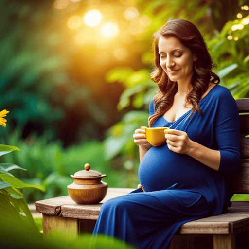 An image depicting a serene pregnant woman enjoying a warm cup of turmeric tea, surrounded by a vibrant and healthy garden, emphasizing the safety and benefits of turmeric tea during the first trimester of pregnancy