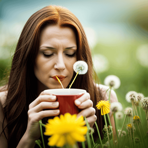 An image depicting a person peacefully sipping Yogi Detox Dandelion Tea while surrounded by vibrant dandelions