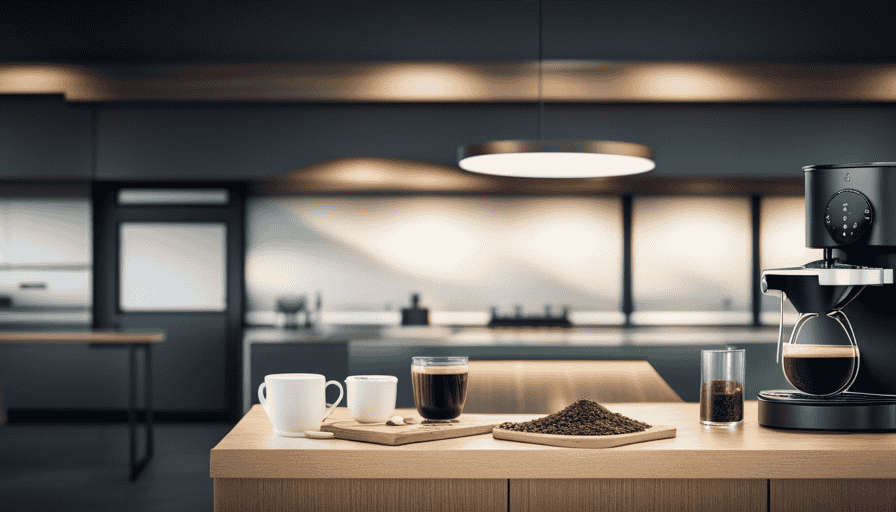 An image showcasing a sleek, modern kitchen counter with a Javy Coffee brewer in action: golden-brown coffee cascading into a pristine cup, surrounded by vibrant green coffee beans, hinting at the ethical sourcing and flavorful delights of Javy Coffee