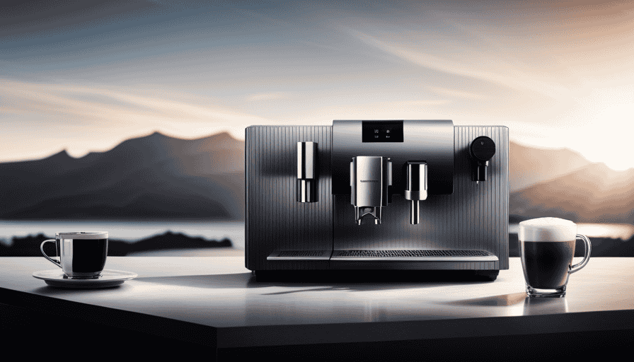 An image that showcases the sleek and modern design of the Jura D6 coffee machine, highlighting its stainless steel body, intuitive touch screen display, and a perfectly brewed cup of aromatic coffee