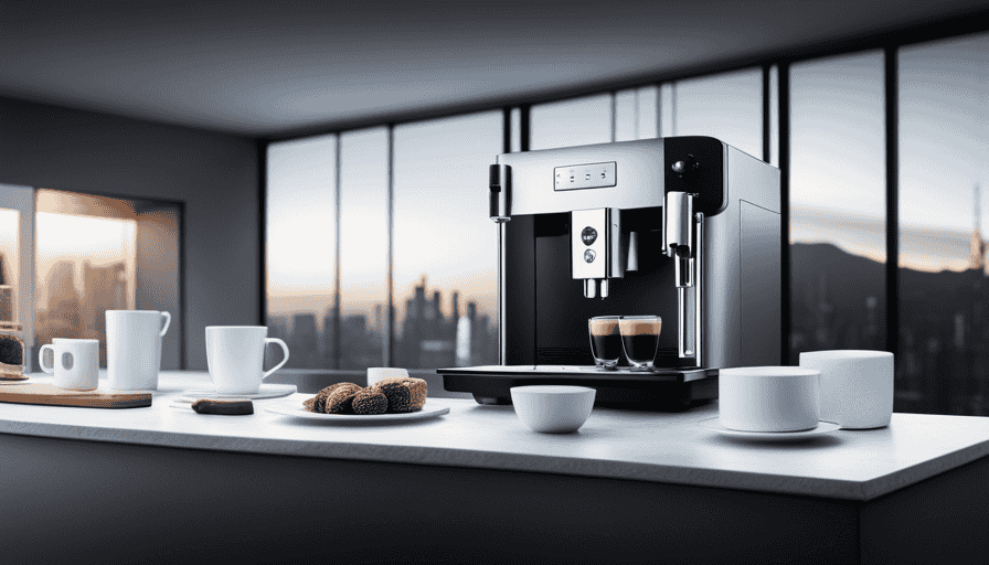 An image showcasing the sleek and compact Jura Ena 8 espresso machine on a modern kitchen countertop