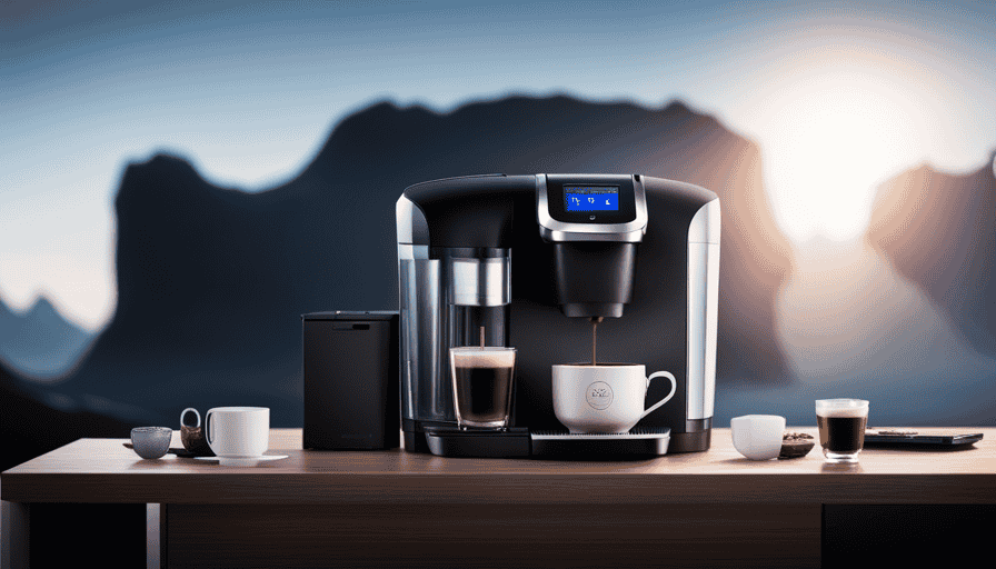 An image showcasing the Keurig K-Elite: an elegant, sleek coffee machine with a customizable interface and a vibrant color display, brewing a steaming cup of coffee with a rich aroma, accompanied by a selection of gourmet coffee pods