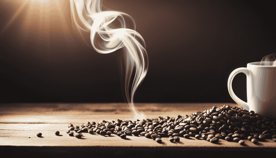 the essence of Kicking Horse Coffee's organic and fairtrade beans through an image of a steaming mug, brimming with rich, dark roasted coffee, enveloped by the aroma of freshly ground beans, and accompanied by a scattering of coffee beans on a rustic wooden tabletop