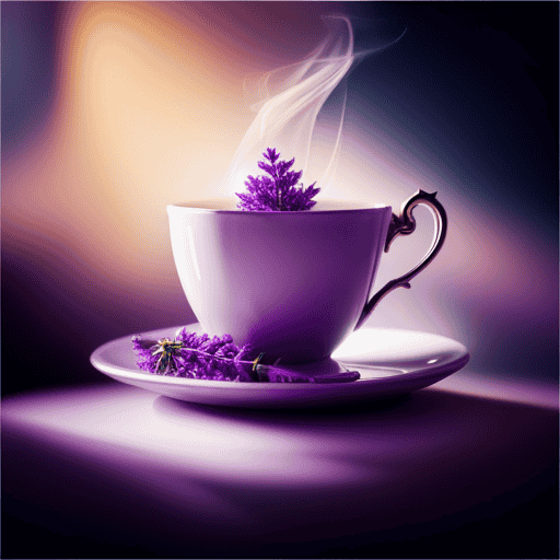 An image showcasing a delicate porcelain teacup filled with steaming lavender flower tea