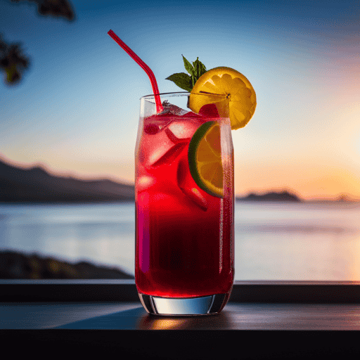An image showcasing a tall glass filled with vibrant layers of icy Hibiscus Lemonade, starting with a vivid crimson at the bottom, transitioning to a refreshing pink in the middle, and ending with a hint of lemon yellow on top