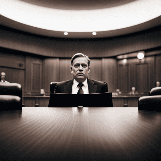 An image of a solemn courtroom scene, with a grand oak desk draped in black, untouched