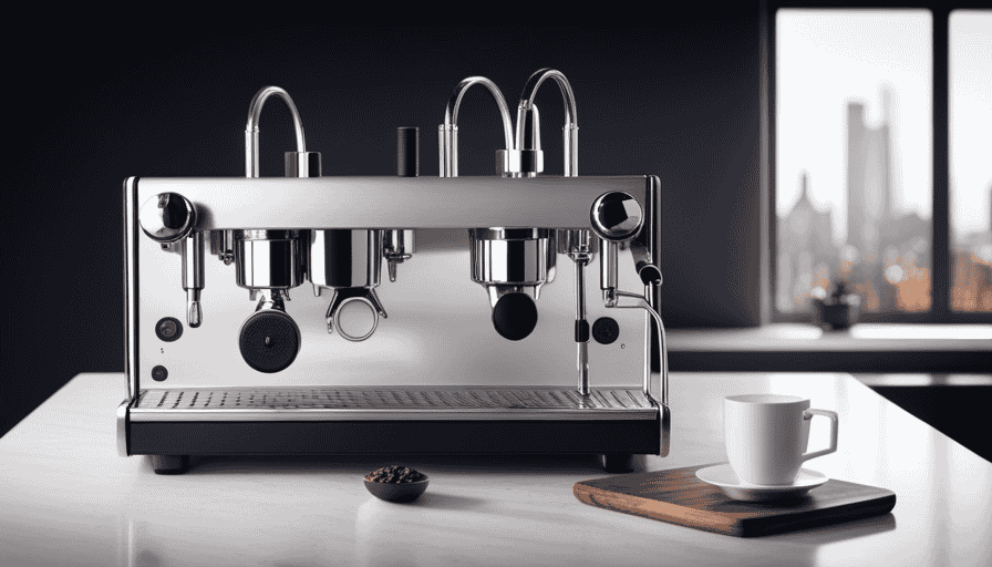 the sleek elegance of the Lelit Mara espresso machine in an image that showcases its compact size and the iconic E61 group head, with steam gently rising from the frothing pitcher