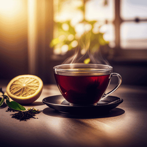 An image capturing a steaming cup of golden lemon black tea, adorned with fresh lemon slices and fragrant tea leaves
