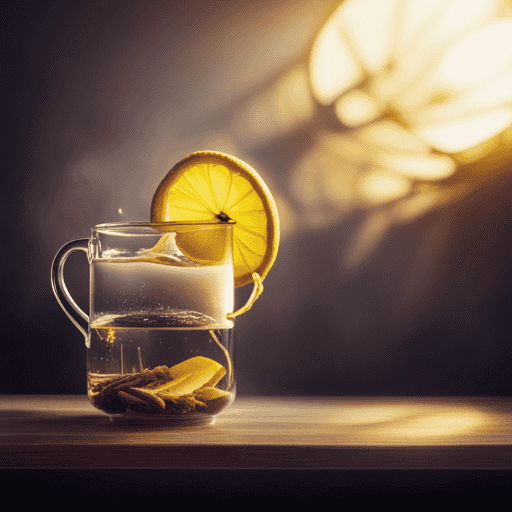 An image of a steaming cup of lemon ginger herbal tea, capturing the golden hues and swirling vapors, as fresh lemon slices and ginger roots float gracefully, showcasing the invigorating and soothing properties of this delightful beverage