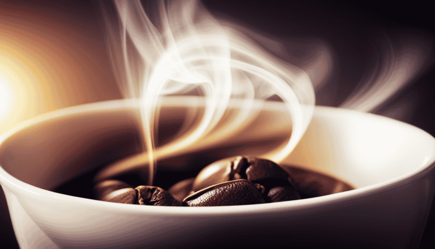 An image showcasing a close-up of a steaming cup of Liberica coffee, revealing its distinctive large beans with a rich, dark hue