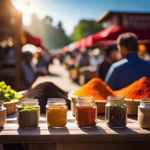 An image showcasing the vibrant local farmer's market, bustling with stalls adorned with colorful jars of Earth Sweet And Spicy Herbal Tea