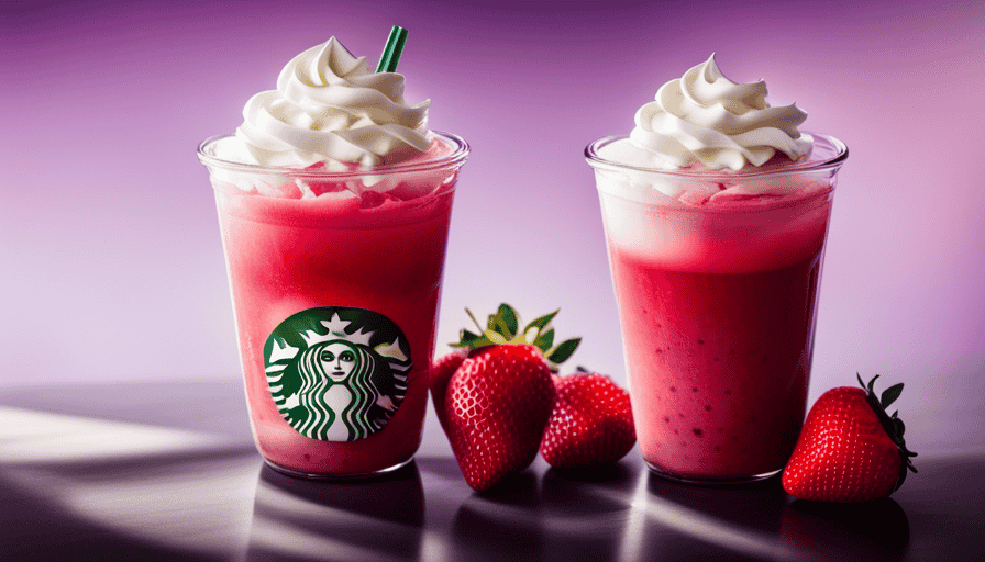 An image showcasing a glass filled with a vibrant, icy pink Strawberry Acai Refresher, topped with a mountain of whipped cream and fresh strawberry slices