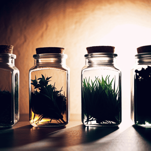 An image showcasing an assortment of vibrant, aromatic herbs, carefully measured and arranged in neat, labeled jars