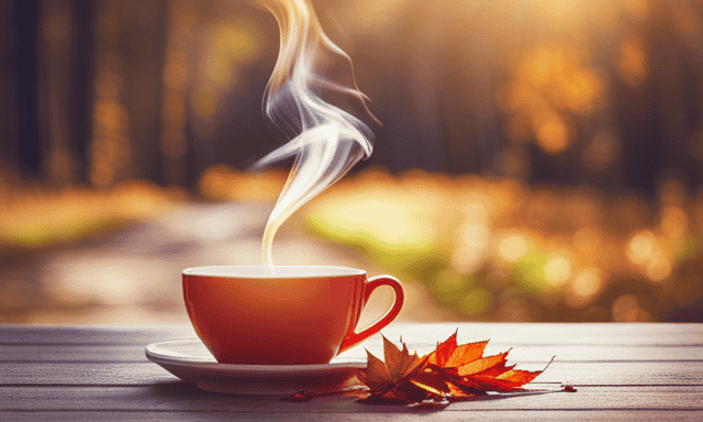 An image of a steaming cup of Maple Rooibos tea nestled on a wooden table, surrounded by vibrant autumn leaves and a subtle hint of maple syrup drizzling down the side