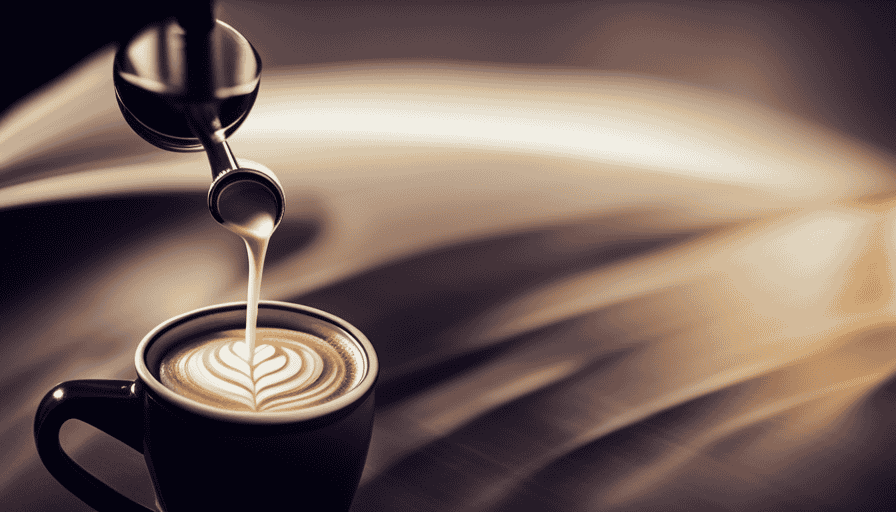 -up shot of a skilled barista expertly pouring steamed milk into an espresso shot, creating intricate latte art with delicate, swirling patterns and contrasting colors, showcasing the mastery of coffee craftsmanship