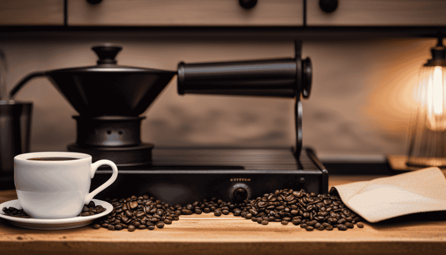 An image showcasing a cozy kitchen scene: a vintage cast-iron coffee roaster sitting on a rustic wooden countertop, surrounded by fragrant coffee beans in various stages of roasting, emanating a warm, inviting ambiance