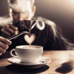 An image showcasing a barista gracefully pouring silky smooth milk into a steaming cup of espresso, forming a delicate heart-shaped pattern on the surface, while wisps of steam envelop the scene
