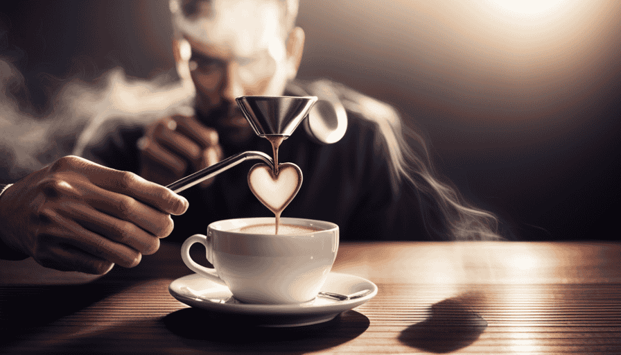 An image showcasing a barista gracefully pouring silky smooth milk into a steaming cup of espresso, forming a delicate heart-shaped pattern on the surface, while wisps of steam envelop the scene
