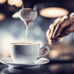 An image showcasing a barista's hand skillfully pouring steamed milk into a porcelain cup, forming a velvety texture with delicate microfoam, while a faint wisp of steam rises in the background