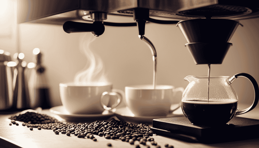 An image showcasing an elegantly designed coffee brewing station, with a barista confidently pouring a precise stream of water from a gooseneck kettle onto a bed of freshly-ground coffee in a ceramic dripper, surrounded by various brewing gadgets and beans