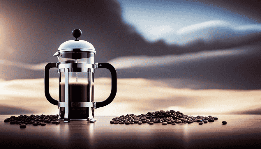 An image capturing the essence of mastering French press brewing: a pristine glass French press, steam rising from the freshly brewed coffee, with sun-kissed coffee beans elegantly scattered around, showcasing the artistry and precision of this brewing technique