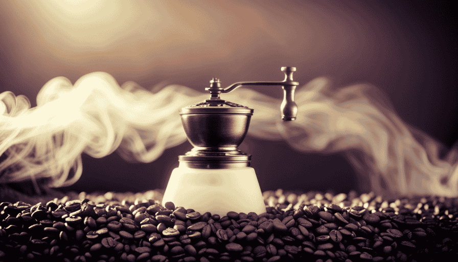 An image of a hand holding a sleek, manual burr grinder with a dark wooden handle, positioned above a pile of freshly ground coffee beans, surrounded by wisps of aromatic steam
