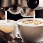 An image capturing the moment when a barista pours perfectly steamed milk into a rich, dark espresso, creating a velvety swirl of creamy foam atop the coffee, against a backdrop of a rustic café setting