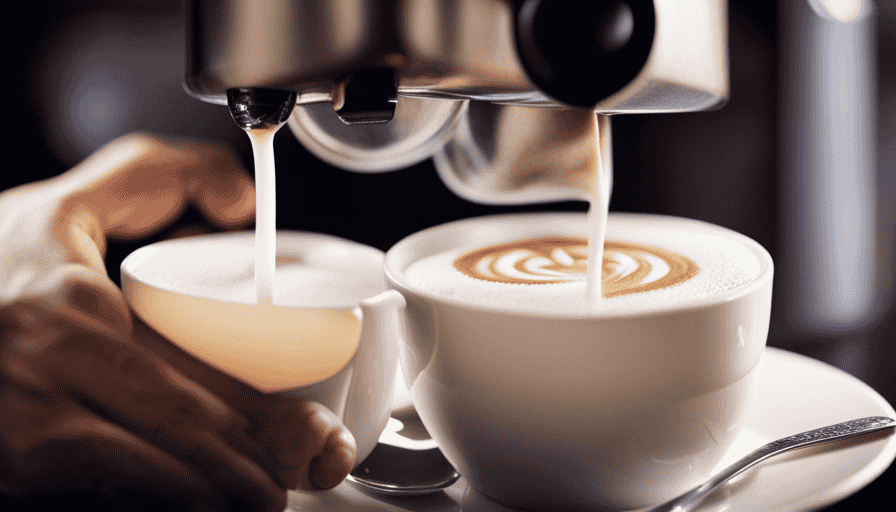 An image capturing the moment when a barista pours perfectly steamed milk into a rich, dark espresso, creating a velvety swirl of creamy foam atop the coffee, against a backdrop of a rustic café setting