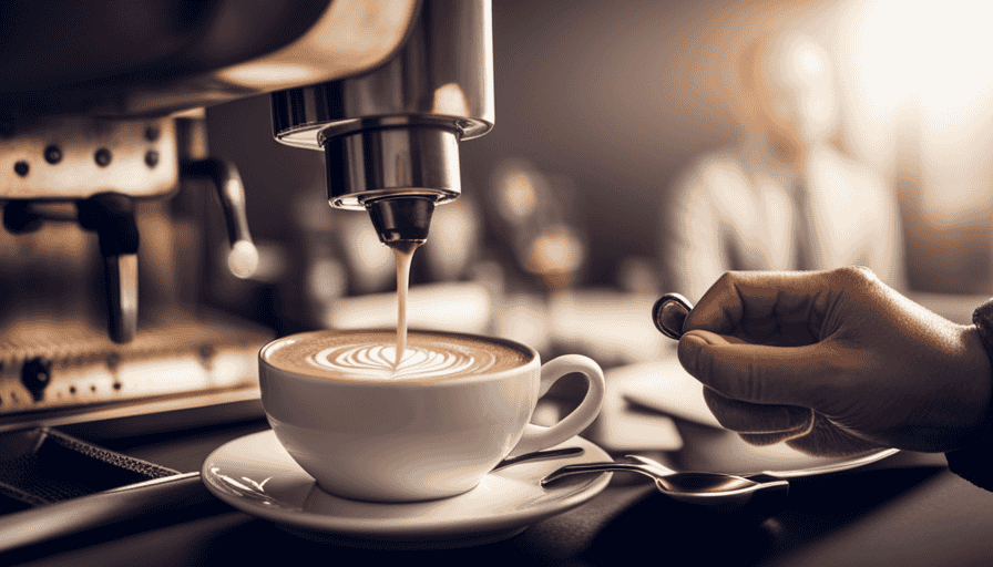Close-up image of a barista's hands delicately pouring steamed milk into a cup, creating intricate latte art