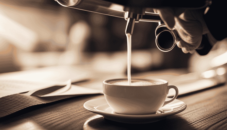 An image showcasing a barista's hands gracefully pouring steaming milk into a cup, capturing the delicate swirls and velvety texture as it blends perfectly with a shot of espresso, evoking the essence of mastering the art of milk frothing