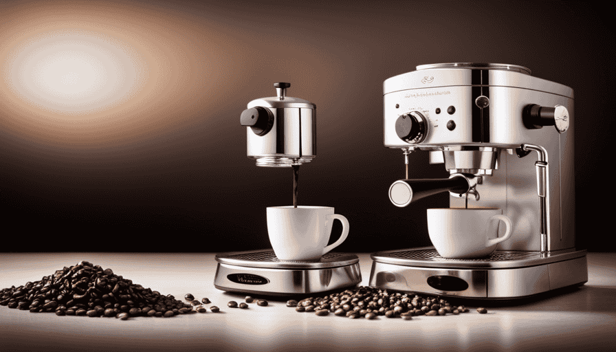 An image featuring a gleaming stainless steel stovetop espresso maker placed on a gas stove, surrounded by aromatic coffee beans, a delicate stream of rich espresso filling a porcelain cup, and a skilled hand gracefully operating the machine