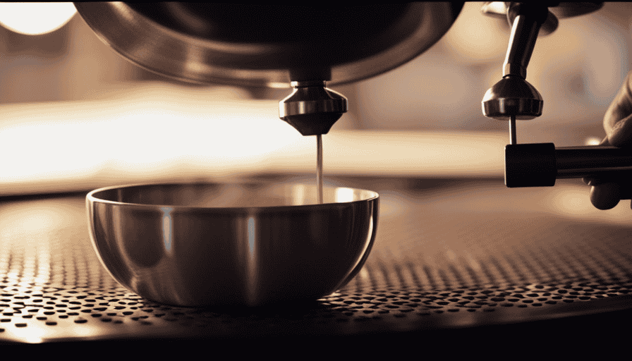 An image showcasing a skilled barista tamping espresso with precision: muscular arms applying even pressure to a perfectly level coffee bed, while fine coffee particles dance in the air