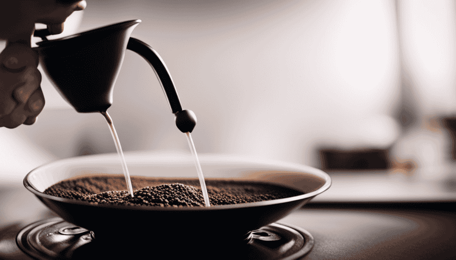 a close-up shot of a skilled barista's hands gracefully pouring a steady stream of hot water from a gooseneck kettle, as it cascades over meticulously arranged coffee grounds in a sleek, transparent Hario V60 dripper