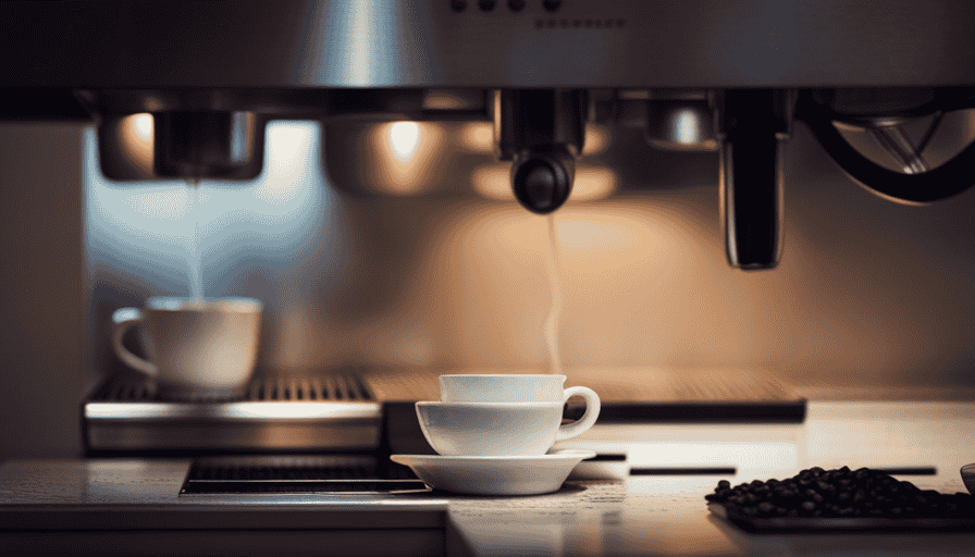 An image showcasing a cozy kitchen scene with a gleaming espresso machine, freshly ground coffee beans, a frothing pitcher, and a perfectly poured latte in a delicate ceramic cup