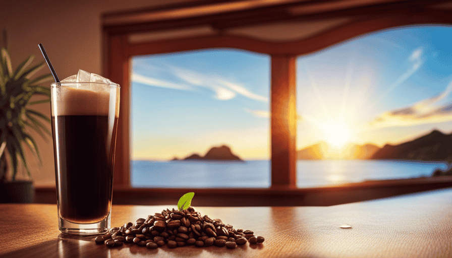 An image showcasing a tall glass of Mazagran coffee on a sun-drenched patio