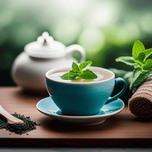 An image of a delicate mint green tea cup adorned with fresh sprigs of mint leaves, surrounded by soothing herbal tea ingredients like chamomile flowers, ginger slices, and lemon wedges, conveying comfort and relief for those battling sickness
