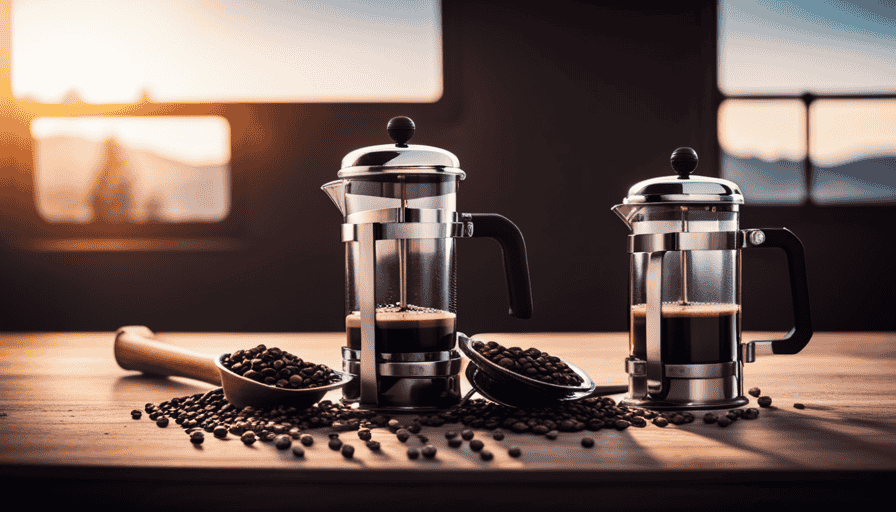 An image showcasing a sleek, stainless steel Moka Pot and a classic glass French Press side by side, surrounded by aromatic coffee beans, with steam rising from their respective brewing methods