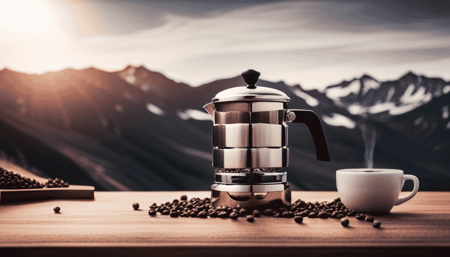 An image showcasing a gleaming stainless steel Moka pot sitting on a gas stove, releasing aromatic steam, while next to it, a sleek glass French press stands on a wooden countertop, surrounded by freshly ground coffee beans and a porcelain cup