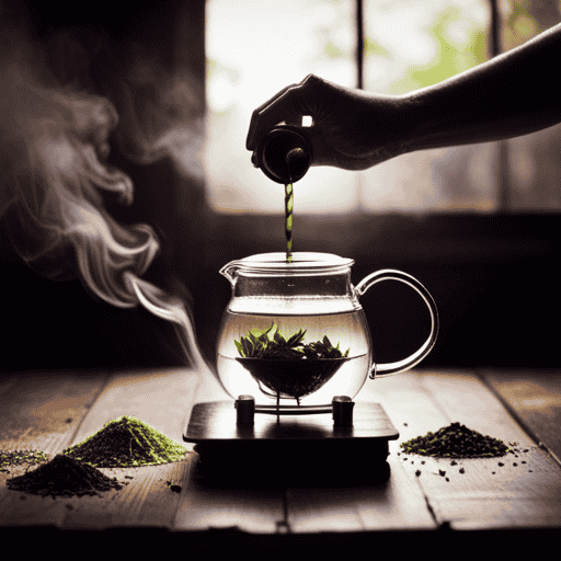An image showcasing the step-by-step process of brewing invigorating Moringa Flower Tea: a hand pouring hot water onto delicate, dried Moringa flowers in a glass teapot, while steam gently rises