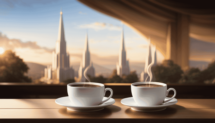 A captivating image of a serene coffee shop with untouched cups of coffee, contrasting with a beautiful, well-lit Mormon temple in the background, symbolizing the harmony between the Word of Wisdom and Mormon beliefs