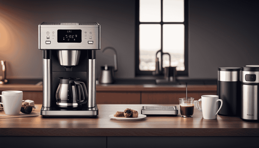 An image showcasing an array of sleek, modern drip coffee makers, each adorned with unique features like programmable timers, stainless steel carafes, and intuitive control panels, emphasizing the quest for the ultimate brewing experience