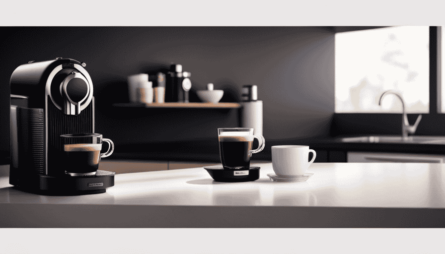 An image capturing a sleek, modern kitchen countertop adorned with two contrasting pod coffee machines: the Nespresso machine boasting a sophisticated design, aligned next to a vibrant Keurig machine, emphasizing the visual contrast between the two