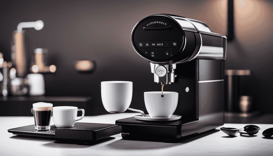 An image showcasing the Niche Zero Grinder in action, capturing its sleek matte black body, precision grind settings displayed on a digital screen, and a rich, aromatic stream of freshly ground espresso cascading into a portafilter