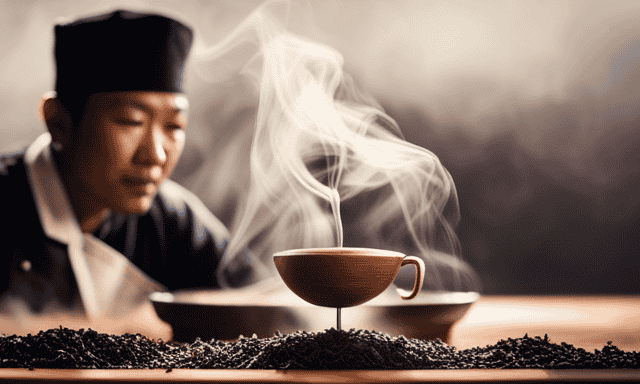 An image showcasing the intricate process of crafting Oolong tea, capturing a skilled tea master hand-rolling delicate tea leaves, while wisps of steam rise from a traditional clay teapot brewing a rich amber infusion