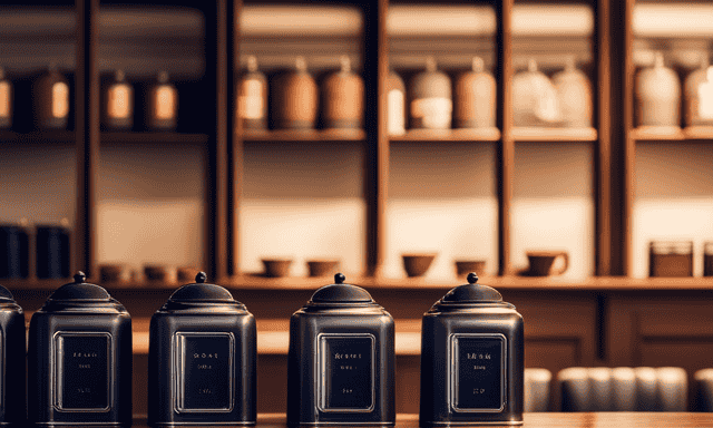 An image showcasing a serene tea shop with shelves lined with elegant black Oolong tea canisters