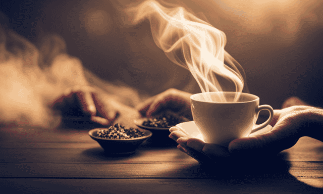 An image showcasing two hands cradling a steaming cup of aromatic oolong tea, surrounded by a comforting fog of warmth