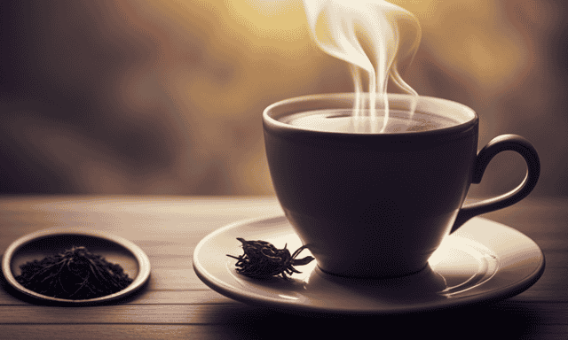 An image showcasing a freshly brewed cup of fragrant oolong tea, gently steaming, with delicate tea leaves unfurling in the golden-hued infusion, while a timer in the background counts down the steeping time