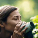 An image that showcases a serene scene: a person sipping on a cup of aromatic oolong tea, surrounded by lush green tea gardens, while a subtle ray of sunlight filters through the leaves